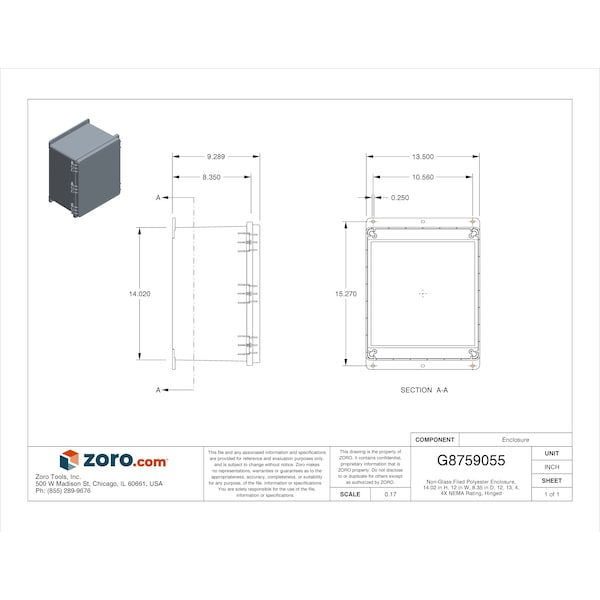 Nvent Hoffman 1/4 Turn Latch Electrical Enclosures, 14.02 in H, 8.35 in D, 12 in W, 12, 13, 4, 4X, Polyester - A14128PHC