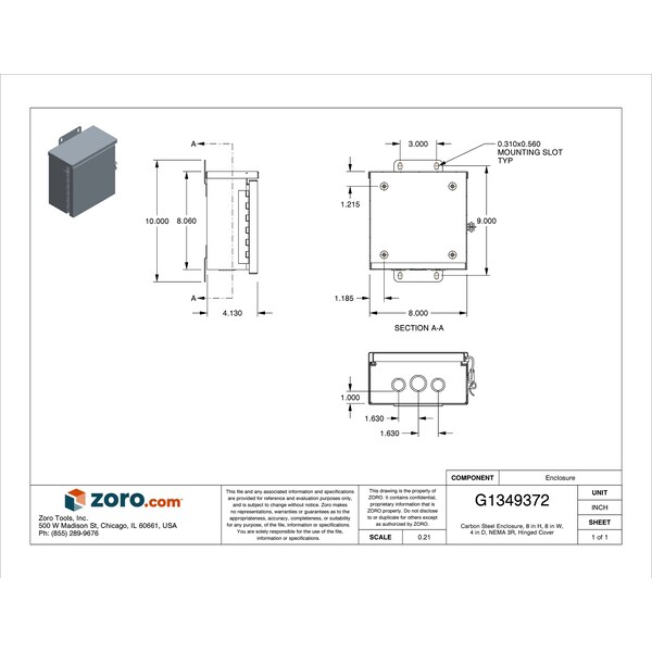 Wiegmann Padlockable Hasp Electrical Enclosures, 8 in H, 4 in D, 8 in W, 3R, Steel - RHC080804