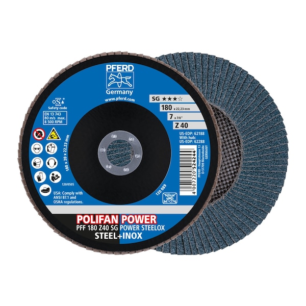 7" x 7/8" A.H. POLIFAN® Disco de láminas - Z SG POWER STEELOX, Zirconia, 40 Grit, Plano - 62188