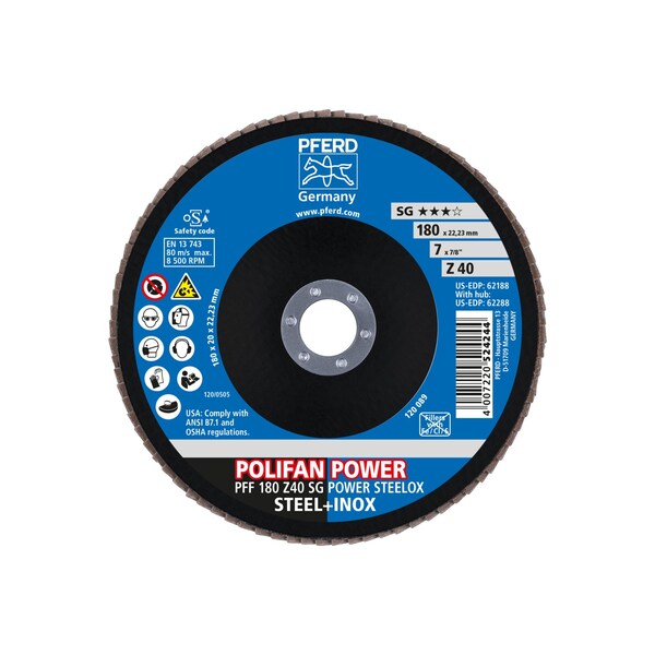 7" x 7/8" A.H. POLIFAN® Disco de láminas - Z SG POWER STEELOX, Zirconia, 40 Grit, Plano - 62188