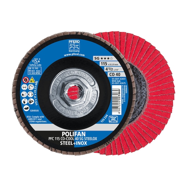 Disco de láminas POLIFAN® Pferd de 4-1/2" x 5/8-11 Thd. - CO-COOL SG STEELOX, óxido cerámico, 40 Granos, Cónico - 62675