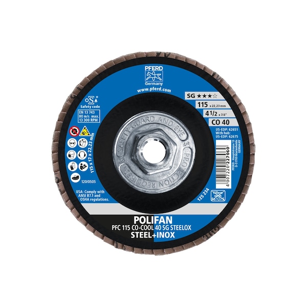 Disco de láminas POLIFAN® Pferd de 4-1/2" x 5/8-11 Thd. - CO-COOL SG STEELOX, óxido cerámico, 40 Granos, Cónico - 62675