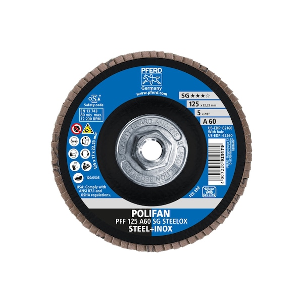 Disco de láminas POLIFAN® 5" x 5/8-11 Thd. A SG STEELOX, Óxido de aluminio, 60 Grit, Plano - 62260