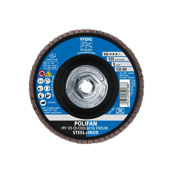 Disco de láminas POLIFAN® Pferd de 5" x 5/8-11 Thd. - CO-COOL SG STEELOX, Óxido cerámico, 60 granos, plano - 62629
