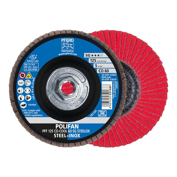 Disco de láminas POLIFAN® Pferd de 5" x 5/8-11 Thd. - CO-COOL SG STEELOX, Óxido cerámico, 60 granos, plano - 62629