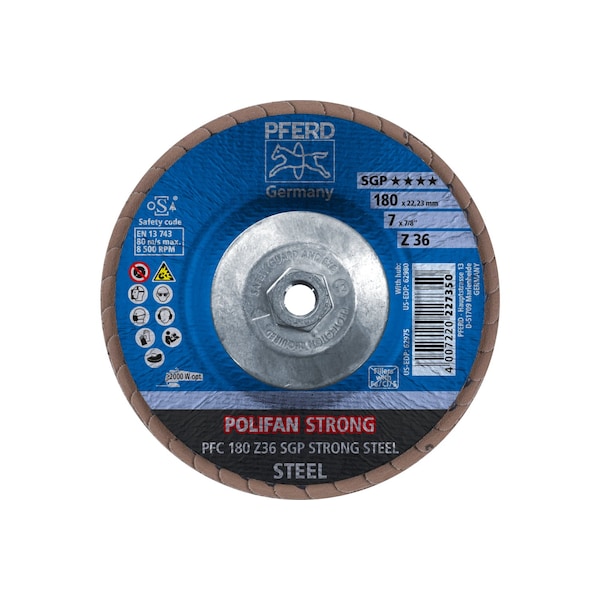 Disco de láminas POLIFAN® Z SGP STRONG STEEL de 7" x 5/8-11 Thd., Zirconia, 36 granos, cónico - 62980