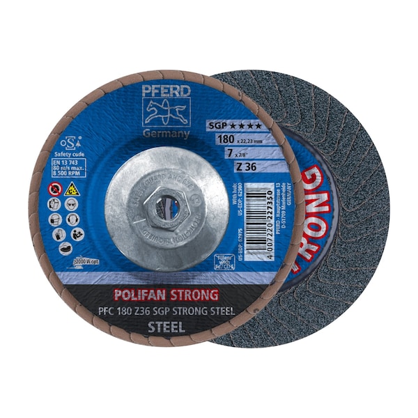 Disco de láminas POLIFAN® Z SGP STRONG STEEL de 7" x 5/8-11 Thd., Zirconia, 36 granos, cónico - 62980