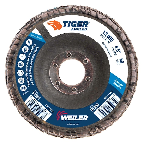 Weiler 4-1/2 Tigre Angulado (Radial) Disco de Aletas de Zirc 60Z 7/8 Orificio de Árbol - 51301