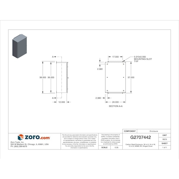 Wiegmann Padlockable Hasp Electrical Enclosures, 36 in H, 12 in D, 24 in W, 3R, Steel - RHC362412
