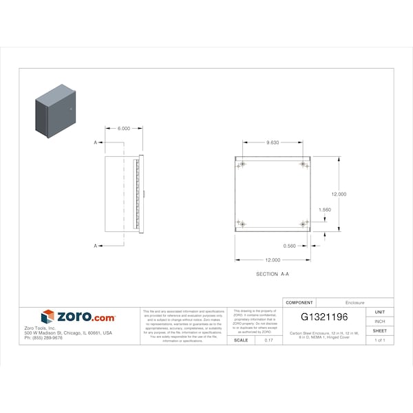 Wiegmann 1/4 Turn Latch Electrical Enclosures, 12 in H, 6 in D, 12 in W, 1, Steel - N1C121206