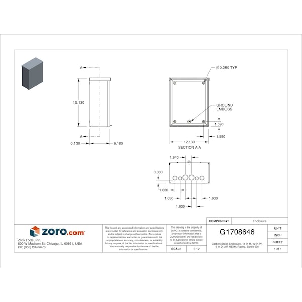 Wiegmann Padlockable Hasp Electrical Enclosures, 15 in H, 6 in D, 12 in W, 3R, Steel - RSC121506