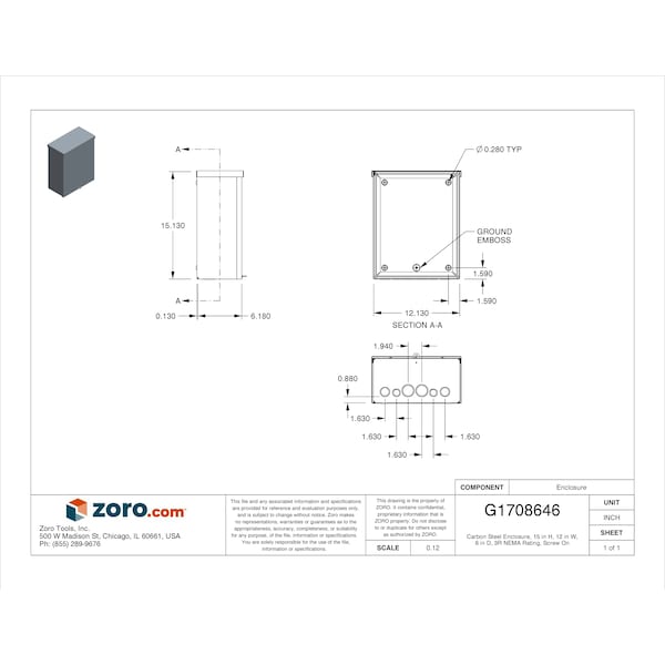 Wiegmann Padlockable Hasp Electrical Enclosures, 15 in H, 6 in D, 12 in W, 3R, Steel - RSC121506