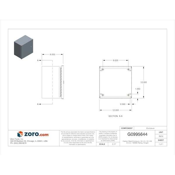 Wiegmann 1/4 Turn Latch Electrical Enclosures, 12 in H, 8 in D, 12 in W, 1, Steel - N1C121208