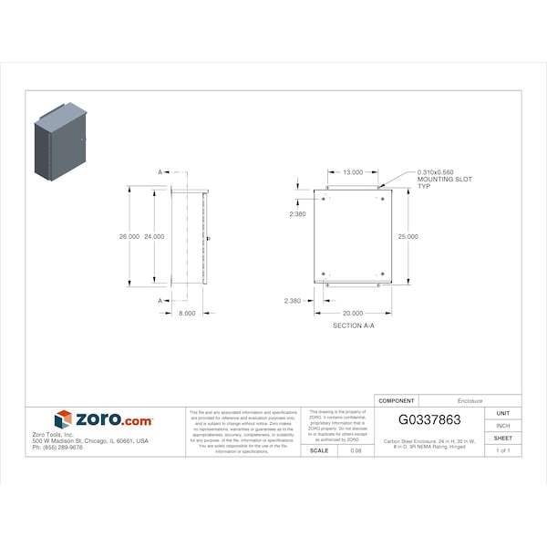Wiegmann Padlockable Hasp Electrical Enclosures, 24 in H, 8 in D, 20 in W, 3R, Steel - RHC242008