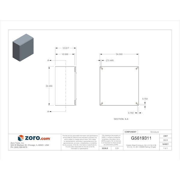 Wiegmann 1/4 Turn Latch Electrical Enclosures, 24 in H, 12 in D, 24 in W, 12, 13, 3R, 4, Steel - N412242412C