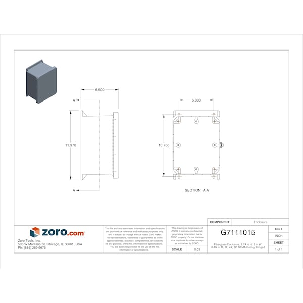 Wiegmann Padlockable Hasp Electrical Enclosures, 9.74 in H, 6-1/4 in D, 8 in W, 1, 12, 3R, 4X, Fiberglass - HW-J100806CHQR
