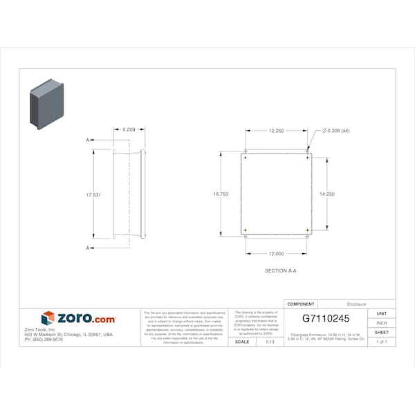 Wiegmann Captive Screws Electrical Enclosures, 15.60 in H, 5.94 in D, 14 in W, 1, 12, 3R, 4X, 6P, Fiberglass - HW-J161406SC