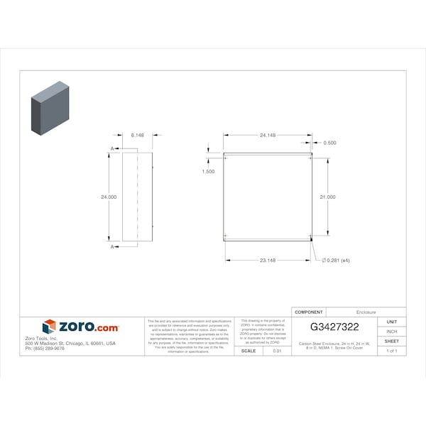 Wiegmann Captive Screws Electrical Enclosures, 24 in H, 8 in D, 24 in W, 1, Steel - SC242408NK