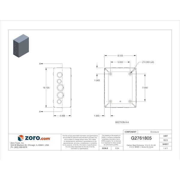 Wiegmann Captive Screws Electrical Enclosures, 10 in H, 4 in D, 8 in W, 1, Steel - SC081004