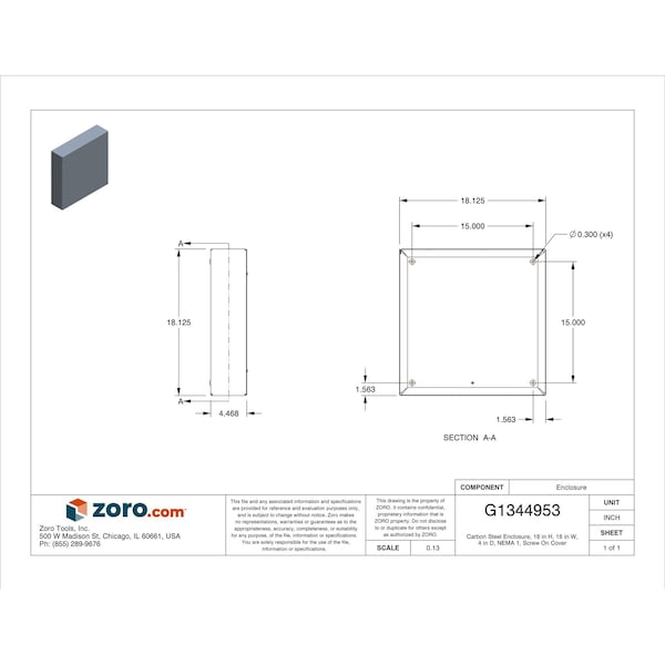 Wiegmann Captive Screws Electrical Enclosures, 18 in H, 4 in D, 18 in W, 1, Steel - SC181804NK