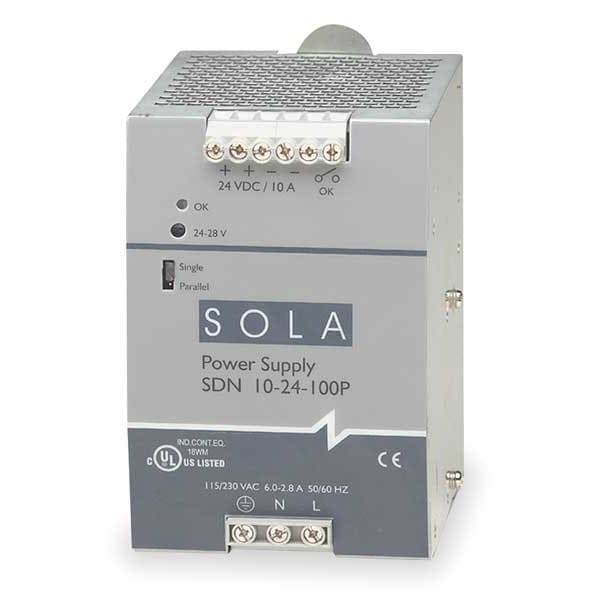 Solahd DC Power Supply, 115/230V AC, 22.5 V DC, 28.5 V DC, 240 W, 10 A, DIN Rail/Chassis - SDN1024100P