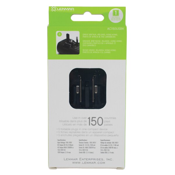 Lenmar Ultra-Compact All-in-One Travel Adapter with USB Port, Black - AC150USBK