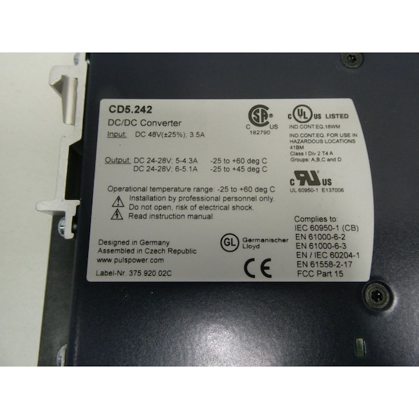 Puls DC to DC Converter, 48V DC to 24V DC, 120VA, 0 Hz, DIN Rail - CD5.242
