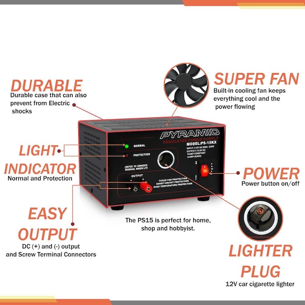 Pyramid AC to DC Converter, 115V AC to 13.8V DC, 60 Hz - PS15K.5