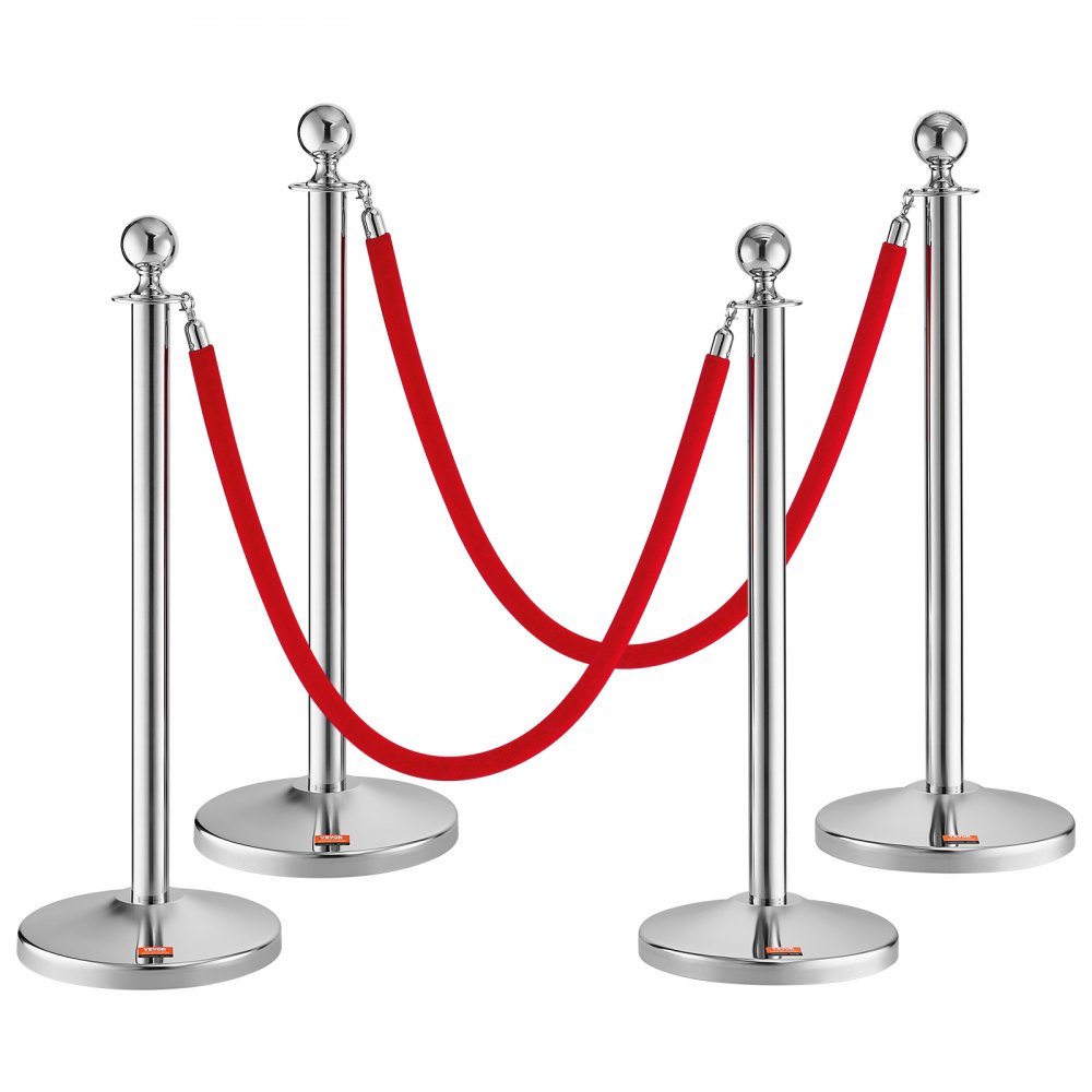 VEVOR Stanchion Post with Velvet Rope, 4-Pack Crowd Control Stanchion with 2PCS 5FT Red Velvet Ropes, Stainless Steel Queue Barrier Line Divider with Fillable Plastic Base, Ball Top for Wedding Museum - QTGLZYSBXGKTJCGM7V0