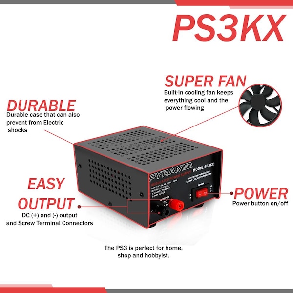 Pyramid AC to DC Converter, 115V AC to 13.8V DC, 60 Hz - PS3KX