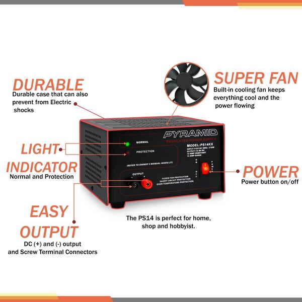 Pyramid AC to DC Converter, 115V AC to 13.8V DC, 60 Hz - PS14KX