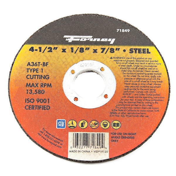 Rueda de corte Forney, metal, Tipo 1, 4-1/2 pulgadas x 1/8 pulgadas x 7/8 pulgadas - 71849