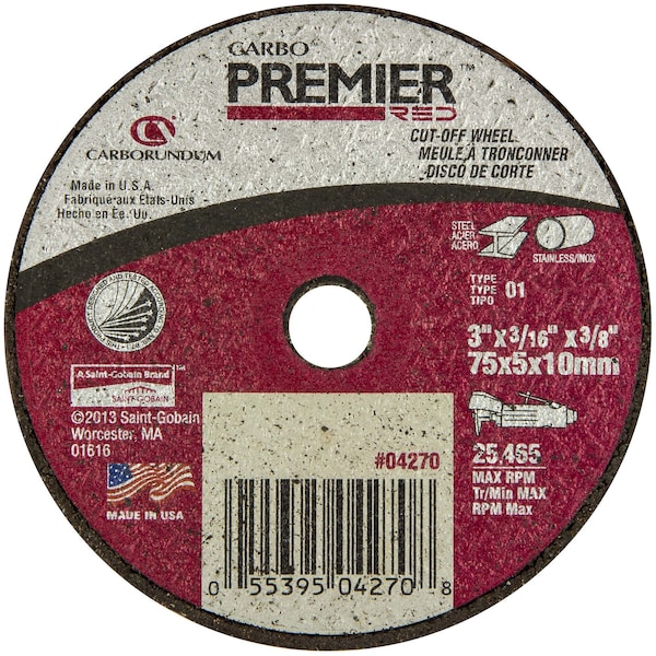 Abrasivos Carborundum 3 x 3/16 x 3/8 pulgadas Carbo Premier Red AP CA/ZA Rueda de Corte de Pequeño Diámetro, 5 piezas - 5539504270