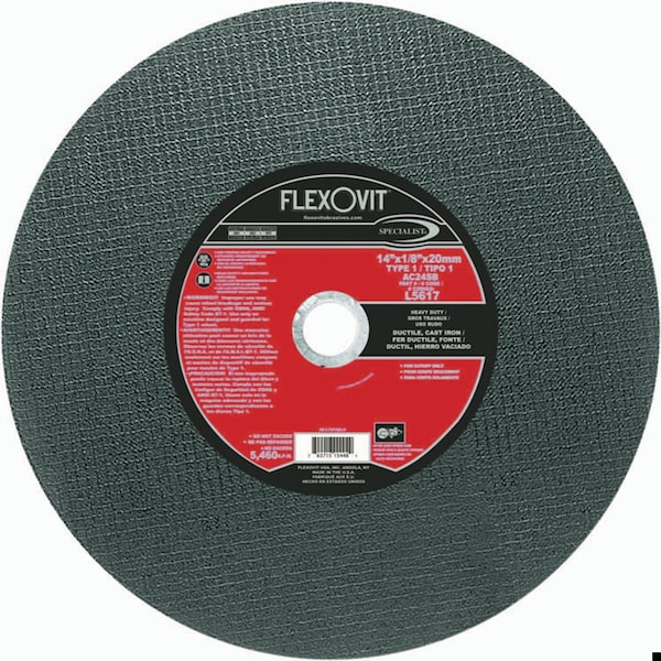 Rueda de corte pesado Flexovit, 14 pulgadas de diámetro x 1/8 de pulgada de grosor, agujero central de 20 mm, grano AC24SB, óxido de aluminio/silicio - L5617
