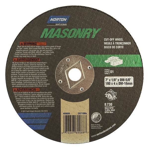 Norton Abrasives CutOff Whl, Norton Masonry, 7"x.125"x5/8" - 07660789055

Norton Abrasivos Rueda de Corte, Norton Albañilería, 7"x.125"x5/8" - 07660789055