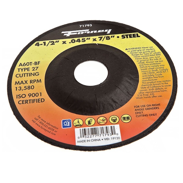 Disco de corte Forney, Metal, Tipo 27, 4-1/2 pulgadas x .045 pulgadas x 7/8 pulgadas - 71793