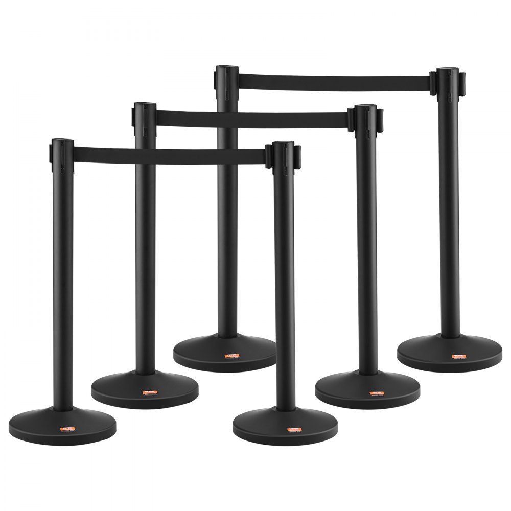 VEVOR Crowd Control Stanchion, 6-Pack Crowd Control Barrier, Carbon Steel Baking Painted Stanchion Queue Post with 3PCS 6.5FT Retractable Belt & Fillable Base, Belt Barrier Line Divider, Easy Assembly - ZGGLZHSTKTC6QRAOTV0