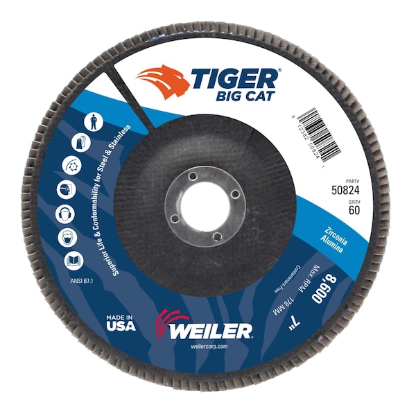 Disco abrasivo de solapa Weiler Big Cat de 7", plano (TY27), 60Z, 7/8" - 50824.