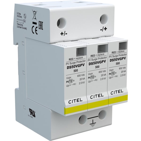 Citel Surge Protection Device, 500V, 3 Poles, 2 Wires - DS50VGPVS-500