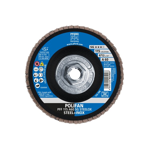 Disco de láminas POLIFAN® 4-1/2" x 5/8-11 Thd. - A SG STEELOX, Óxido de aluminio, 60 granos, Plano - 62252