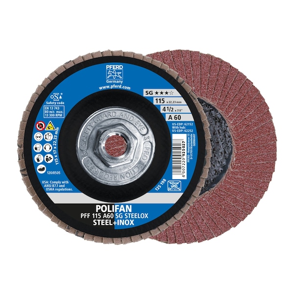 Disco de láminas POLIFAN® 4-1/2" x 5/8-11 Thd. - A SG STEELOX, Óxido de aluminio, 60 granos, Plano - 62252