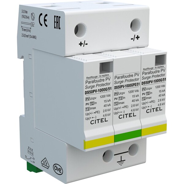 Citel DIN Rail Pv Protector, 1000Vdc, 2W+G, Mov+Gsg, 40Ka, Ul1449 Type 1Ca - DS50PVS-1000G/51