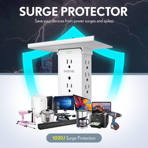 Overtime Outlet Shelf USB Wall Adapter, AC Outlet Extender w/ 8 AC Sockets and 3 USB Ports, Surge Protector - OTWP8O3USB