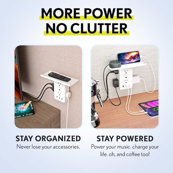 Overtime Outlet Shelf USB Wall Adapter, AC Outlet Extender w/ 8 AC Sockets and 3 USB Ports, Surge Protector - OTWP8O3USB