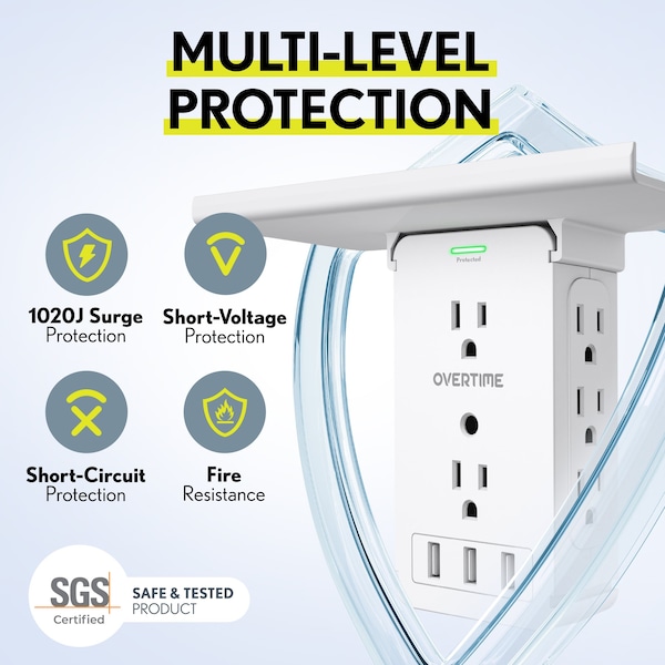Overtime Outlet Shelf USB Wall Adapter, AC Outlet Extender w/ 8 AC Sockets and 3 USB Ports, Surge Protector - OTWP8O3USB