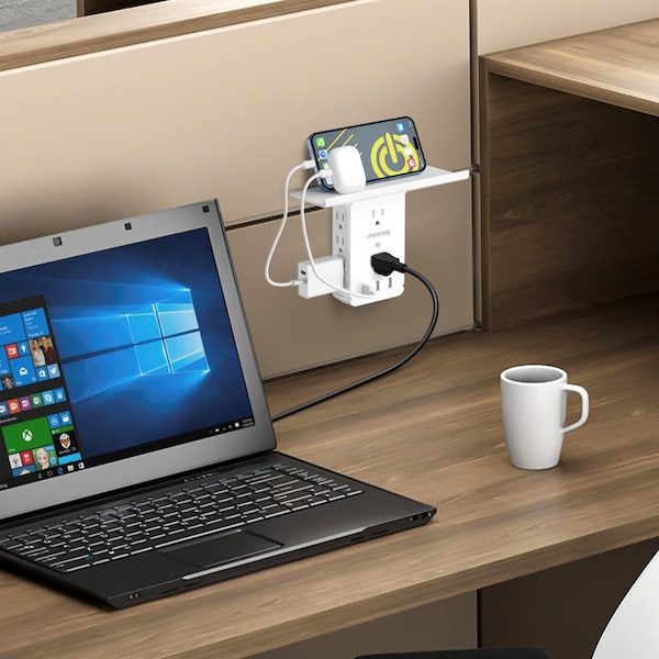 Overtime Outlet Shelf USB Wall Adapter, AC Outlet Extender w/ 8 AC Sockets and 3 USB Ports, Surge Protector - OTWP8O3USB