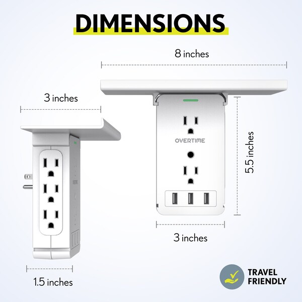 Overtime Outlet Shelf USB Wall Adapter, AC Outlet Extender w/ 8 AC Sockets and 3 USB Ports, Surge Protector - OTWP8O3USB