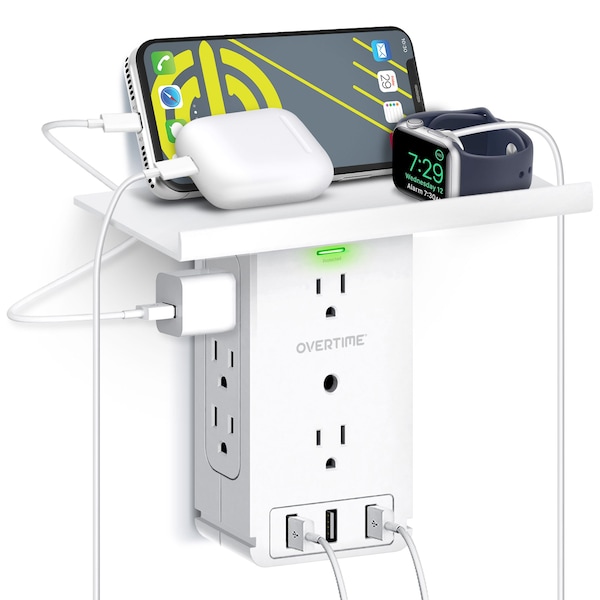 Overtime Outlet Shelf USB Wall Adapter, AC Outlet Extender w/ 8 AC Sockets and 3 USB Ports, Surge Protector - OTWP8O3USB