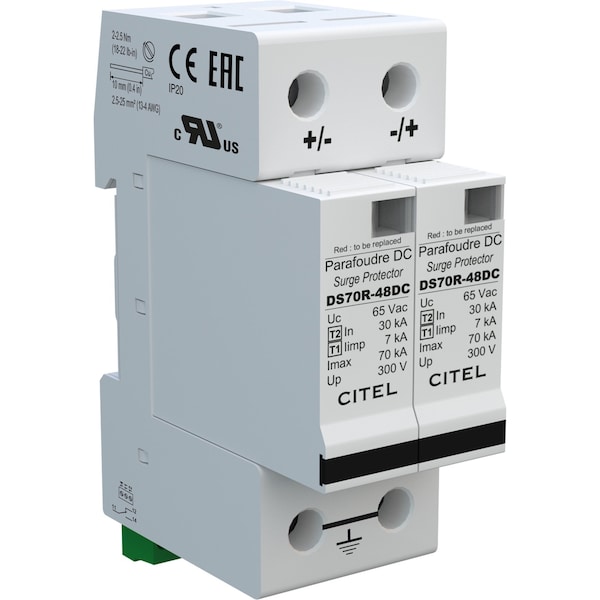 Citel DIN Rail Dc Protector, 48Vdc, 2W+G, 70Ka Imax, Ul1449 Type 4Ca - DS72RS-48DC