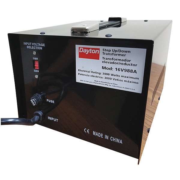 Dayton Step Up/Step Down Voltage Converter, 110V AC to 220V AC, 220V AC to 110V AC, 3kVA, 50/60 Hz, Metal - 16V988